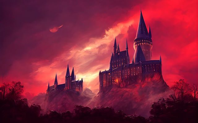 An illustration of a castle in the fog.